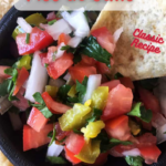 Bowl of classic Pico de Gallo with chips and pinterest text overlay