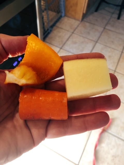 chunks of carrots, potatoes, peppers for vegan cheese sauce