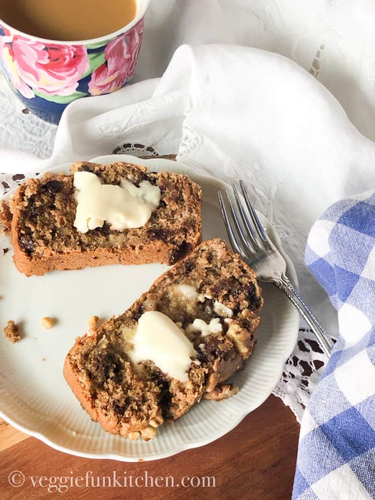 Chocolate Chip banana Nut bread on plate with coffee