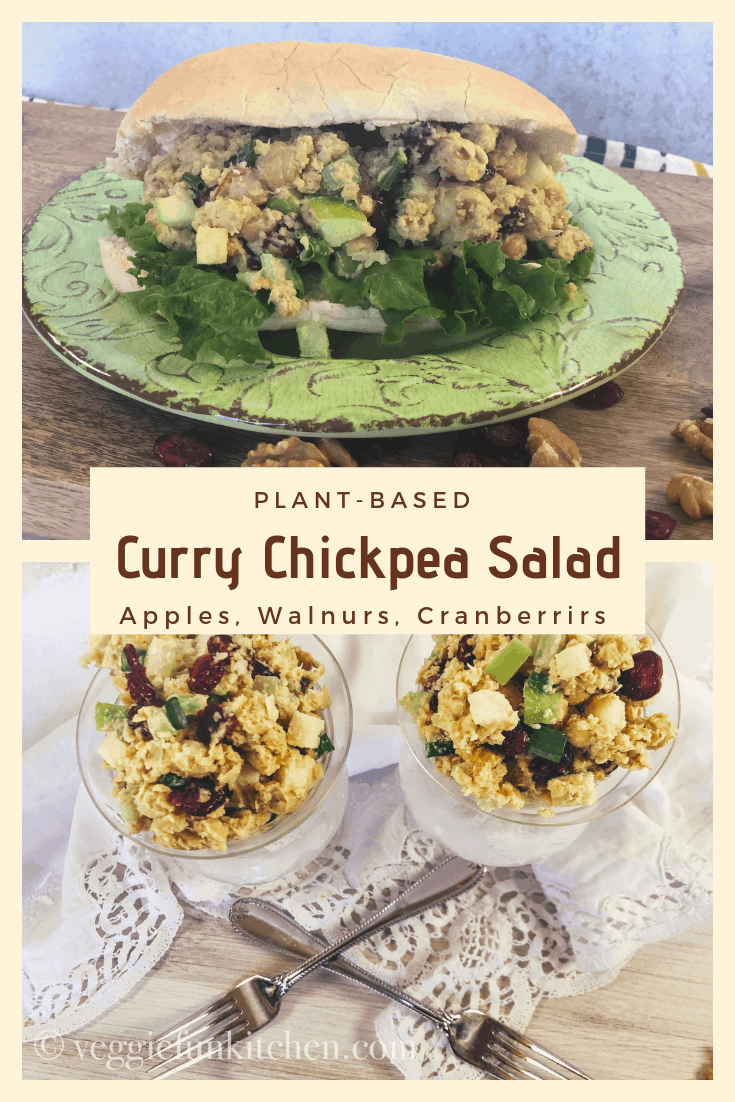 curried chickpea salad in glass dishes and on bun