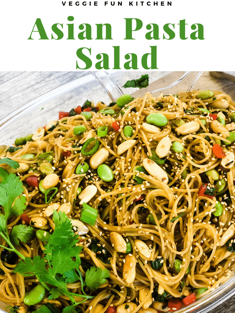 asian pasta salad in clear bowl
