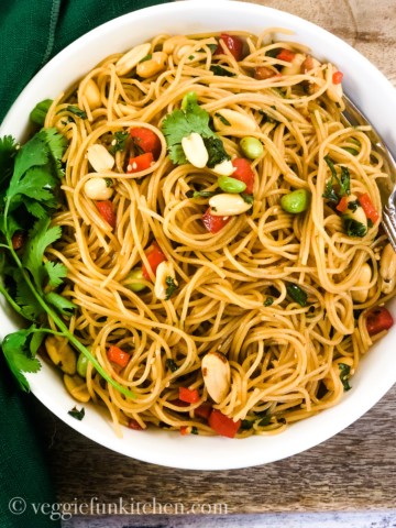 asian pasta salad in bowl
