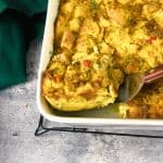 a cut slice of vegan breakfast casserole