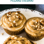 three frosted pumpkin muffins on a plate with text overlay