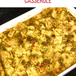breakfast casserole white pan with text overlay