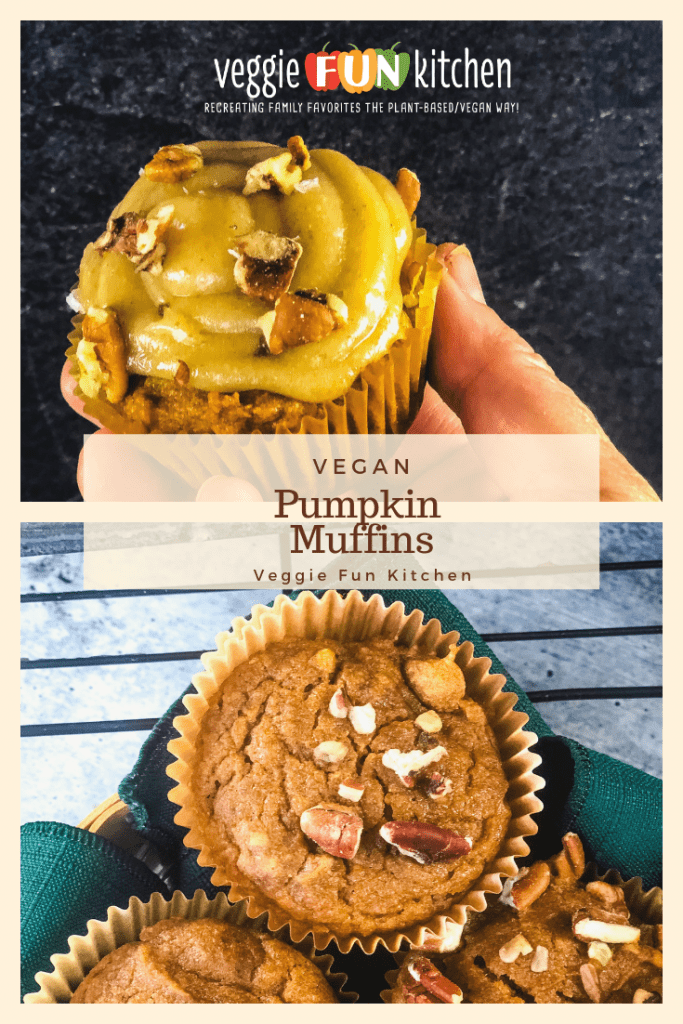 pumpkin muffins with pecans and one with frosting. with text overlay