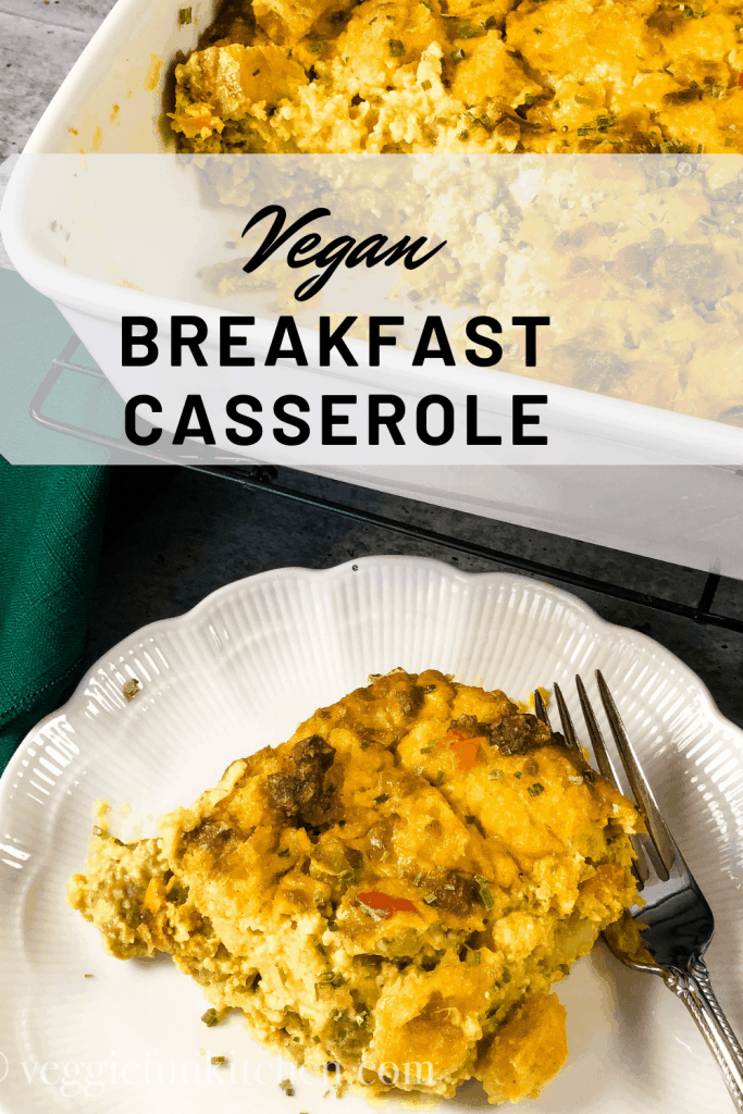 breakfast casserole on white plate with fork and in white baking dish with text overlay