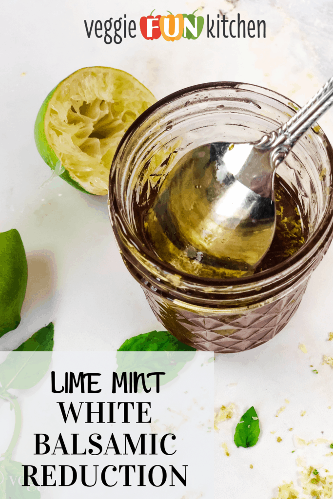 white balsamic reduction in jar with spoon. Lime and mint leaves in background with text overlay