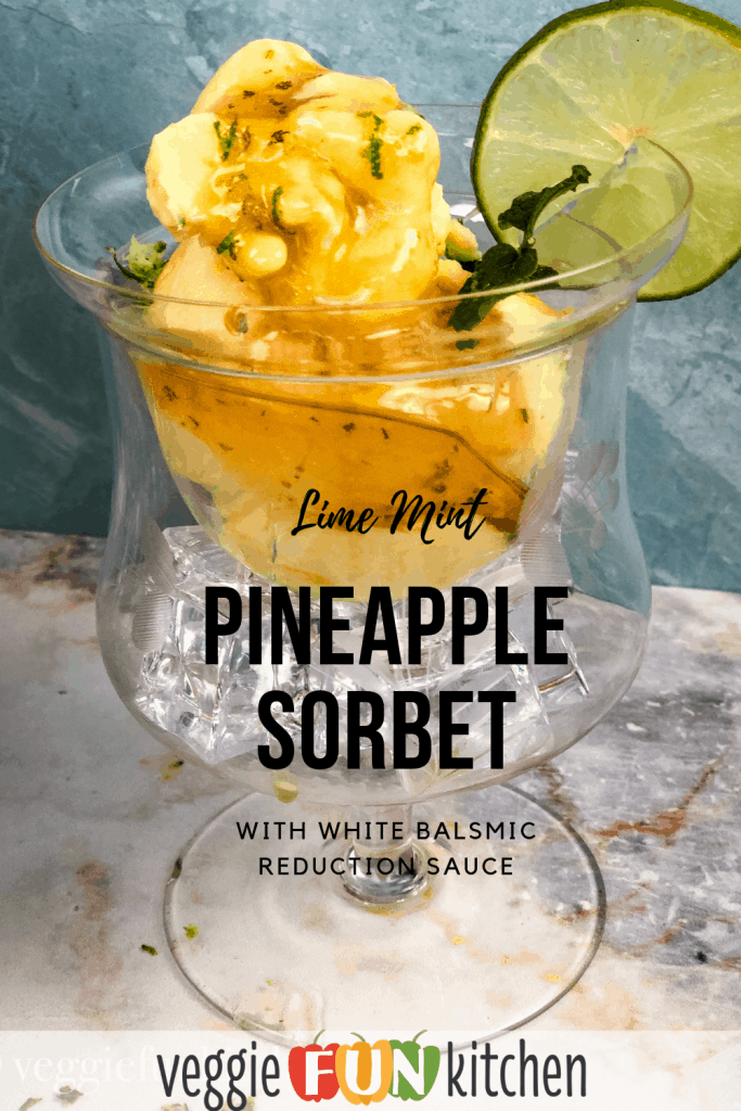 pineapple sorbet in crystal dish with text overlay