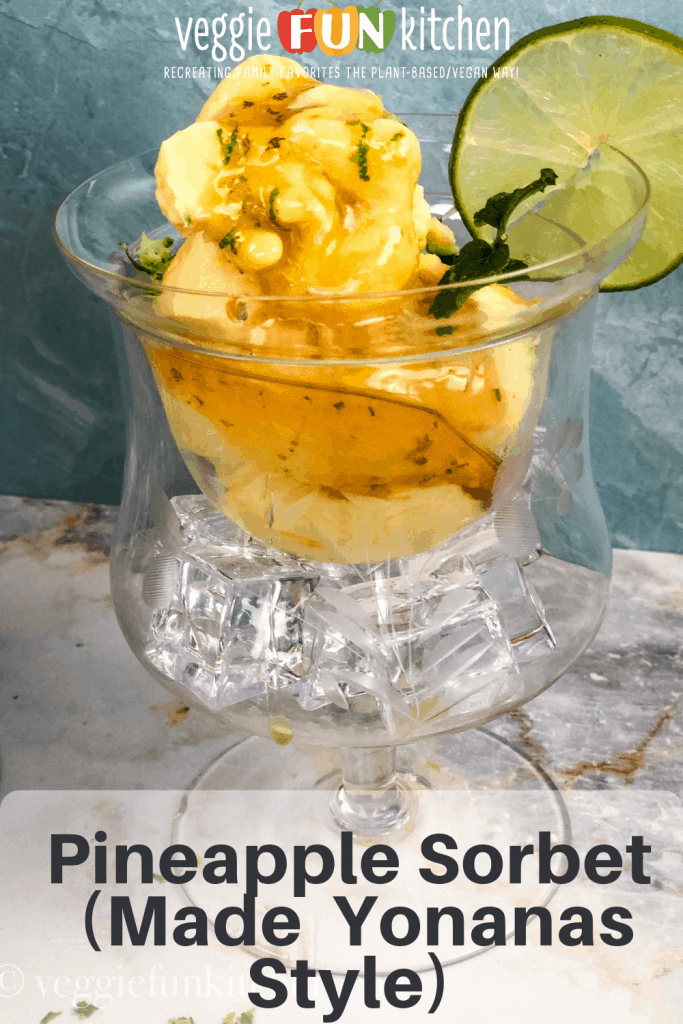 Pineapple sorbet in a crystal dish with text overlay
