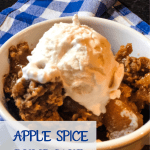 apple spice cake in bowl, blue checkered cloth in the background with text overlay