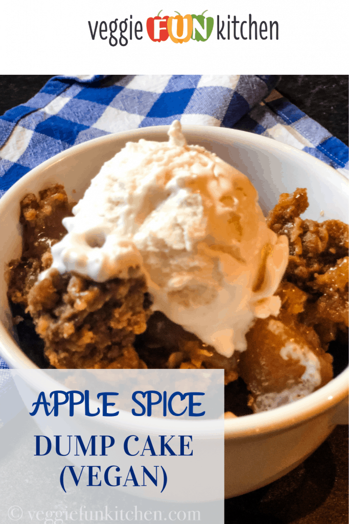 apple spice cake in bowl, blue checkered cloth in the background with text overlay