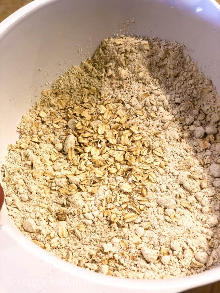 dry cake mix and oats in white bowl