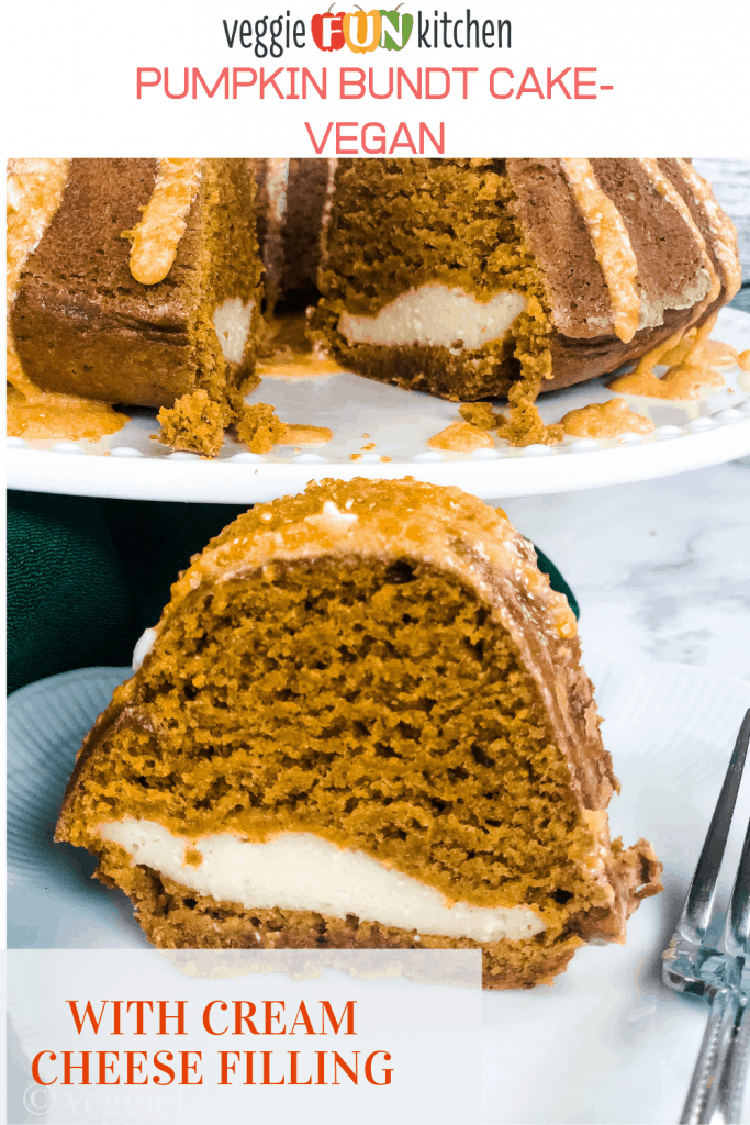 vegan pumpkin bundt cake on platter with slice in foreground