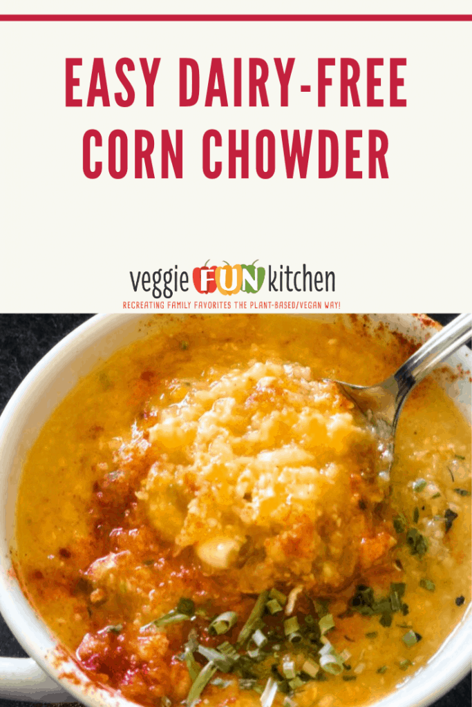 corn chowder in white bowl with text overlay