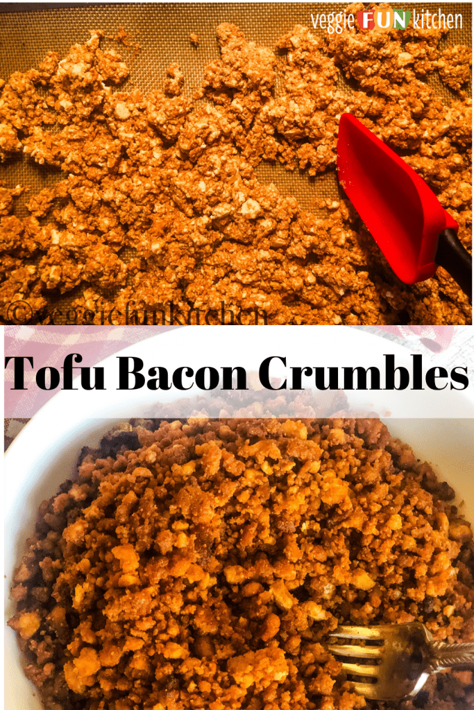 tofu bacon crumbles in white bowl with red checked cloth in background and bacon tofu on matt with text overlay