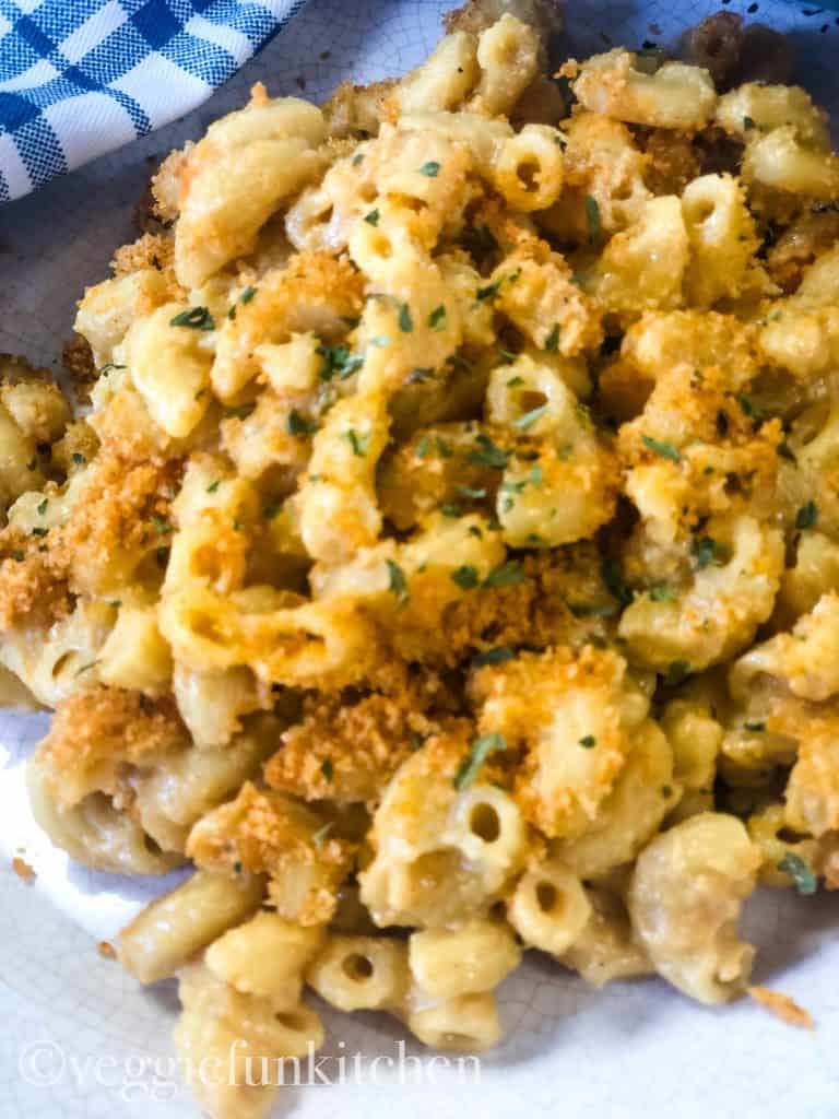 vegan baked mac and cheese on a plate