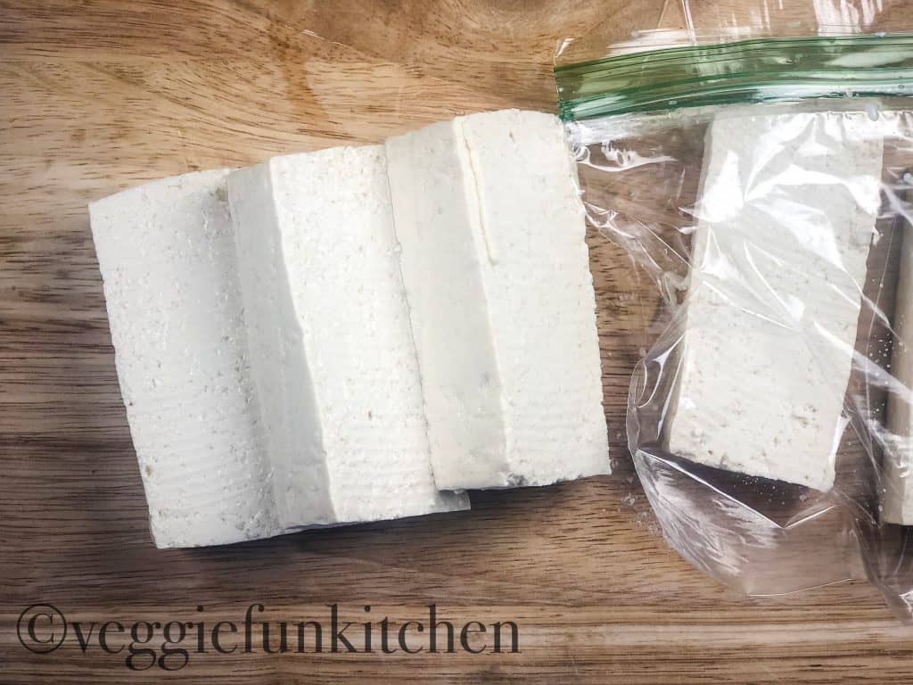 tofu sliced and in baggie ready for freezer