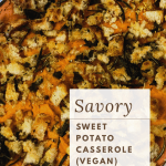 sweet potato casserole in white baking dish with text overlay