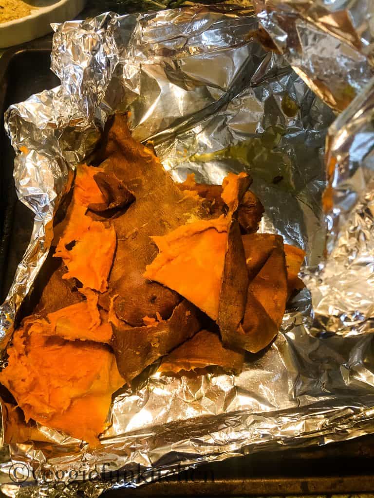 sweet potato skins in foil ready to be thrown out