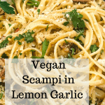 vegan scampi in white bowl with text overlay