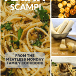 Vegan Scampi in Lemon Garlic White Wine Sauce in white bowl with text overlay along with two small photos showing hearts of palm and one close up photo of pasta on fork
