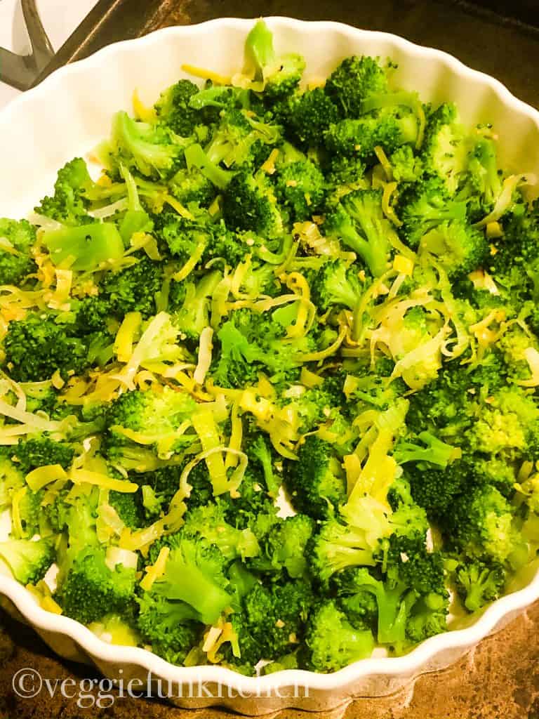 leeks and broccoli in white tart dish