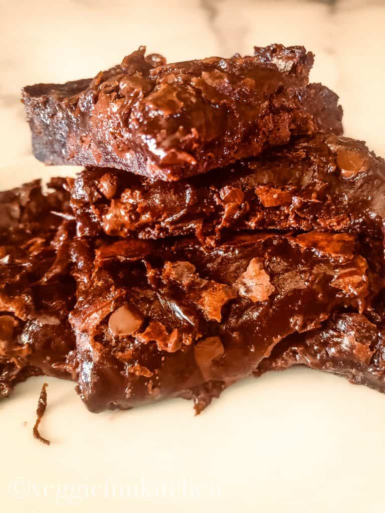 vegan fudge brownies cut and stacked