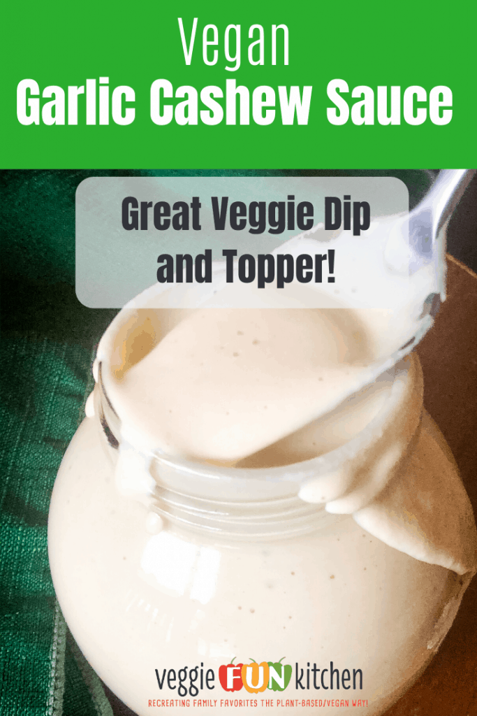 cashew garlic sauce in jar with sauce in spoon with text overlay