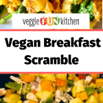 vegan breakfast scramble on plate with jammed biscuits on wooden platter with text overlay