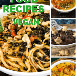 various vegan dishes made with canned foods including pasta, soup, and dessert hummus