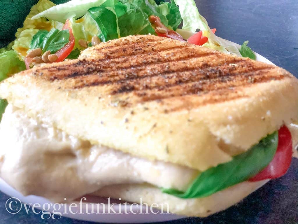 caprese panini on white plate with green salad