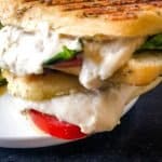 caprese panini on white plate with green salad