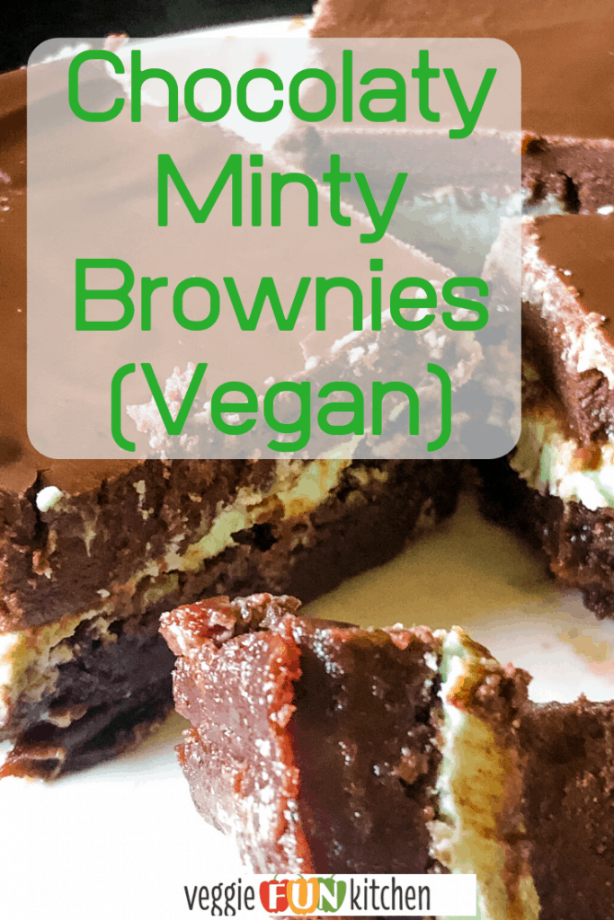 Chocolate mint brownies on a plate with a piece on a fork with text overlay