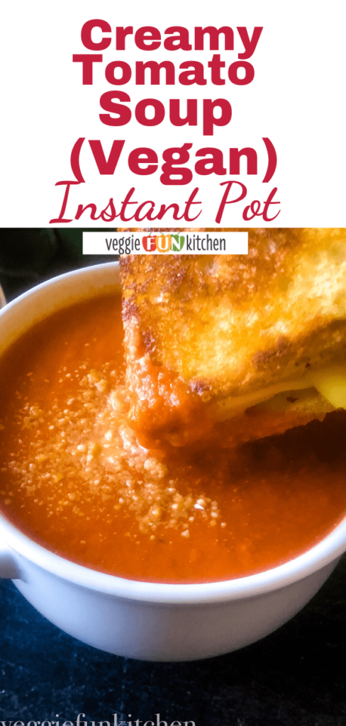 tomato soup in white bowl with grilled cheese and text overlay