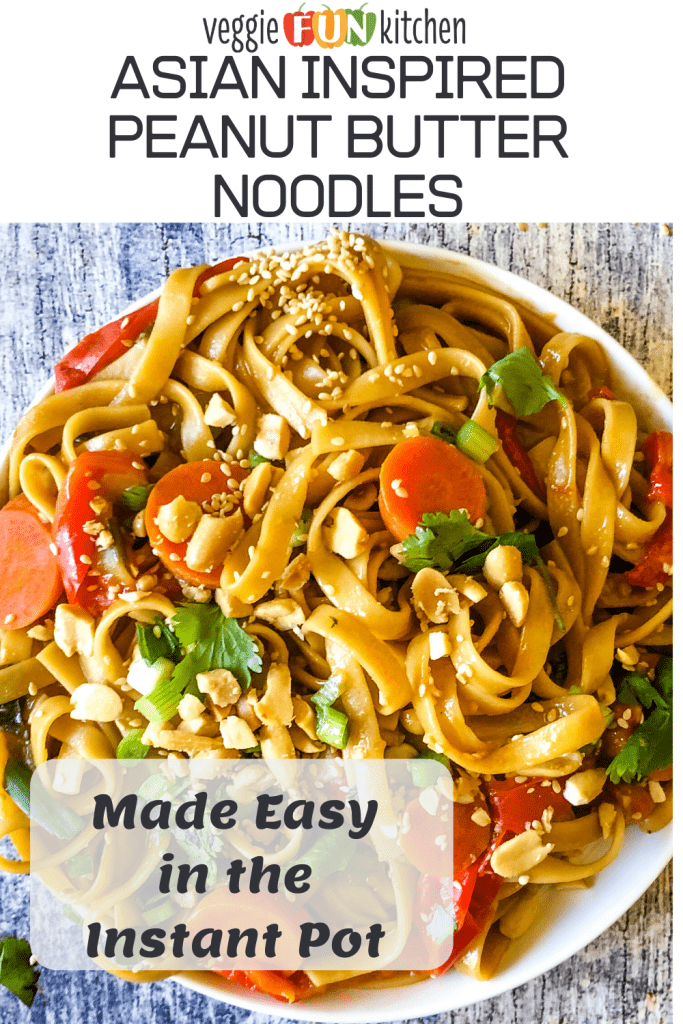 peanut butter noodles on white plate with Pinterest text overlay