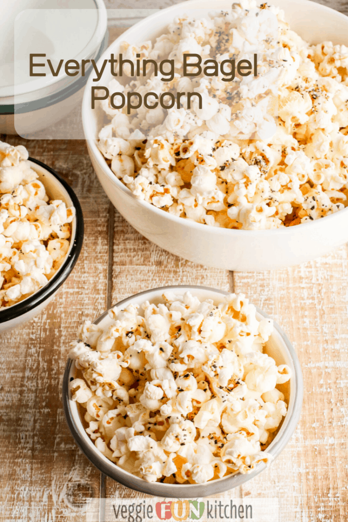 three bowls of popcorn with Everything Bagel seasoning with pinterest text overlay