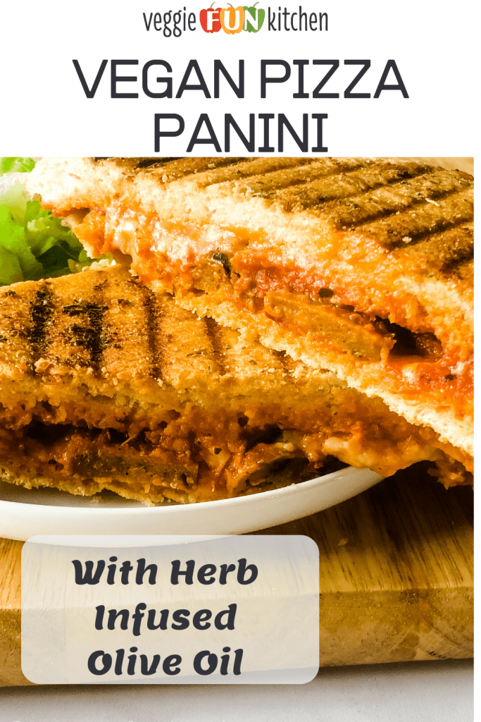 pizza panini halves on white plate with pinterest text overalyy