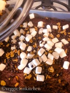 rocky road brownies out of the oven with toppings.