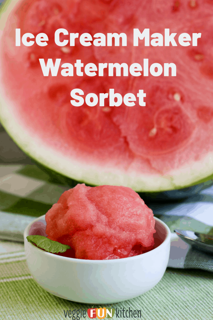 watermelon sorbet in white dish with watermelon half and green checked napkin. Pinterest text in background