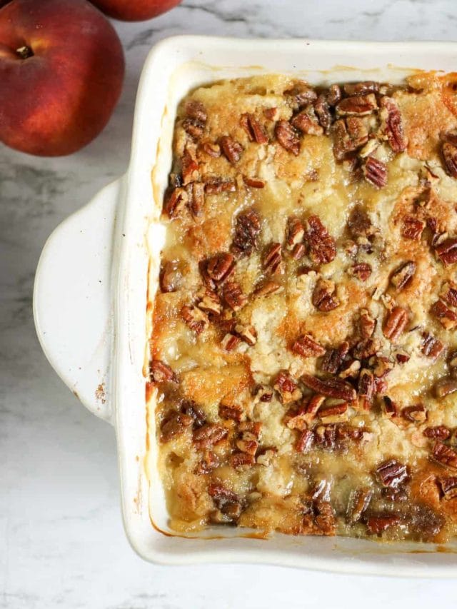Easy Vegan Peach Dump Cake with White Chocolate and Pecans