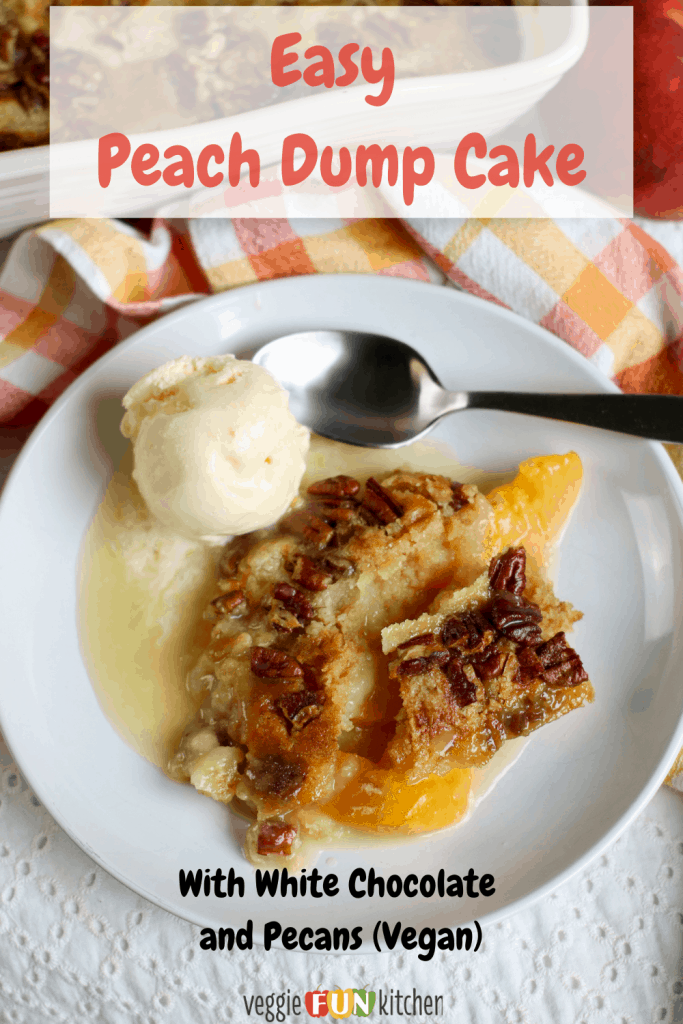 peach dump cake on white plate with vegan ice cream with pinterest text overlay