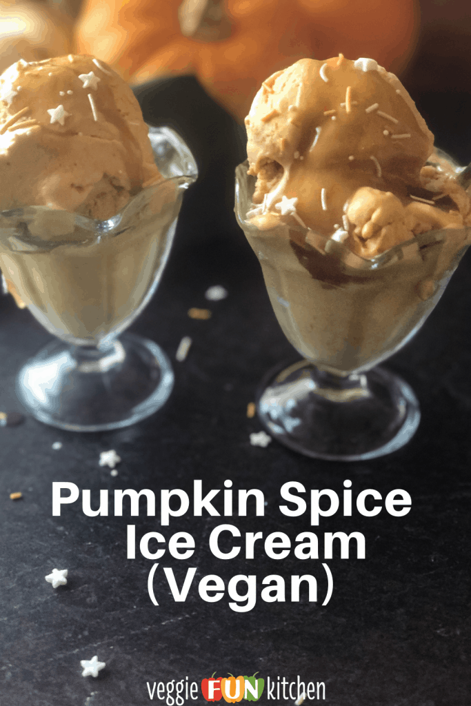 two glass ice cream dishes with pumpkin ice cream with caramel sauce and sprinkles with pumpkins in background and text overlay