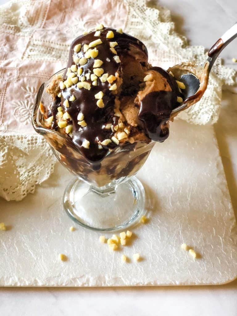 chocolate mocha ice cream in dish with chocolate sauce and chopped almonds