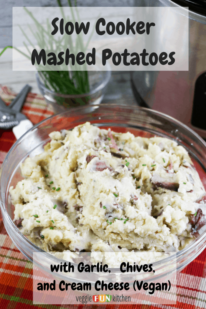 mashed potatoes in glass dish with slow cooker in background with pinterest text overlay