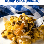 Forkful of sour cream apple pie dump cake with pinterest text overlay