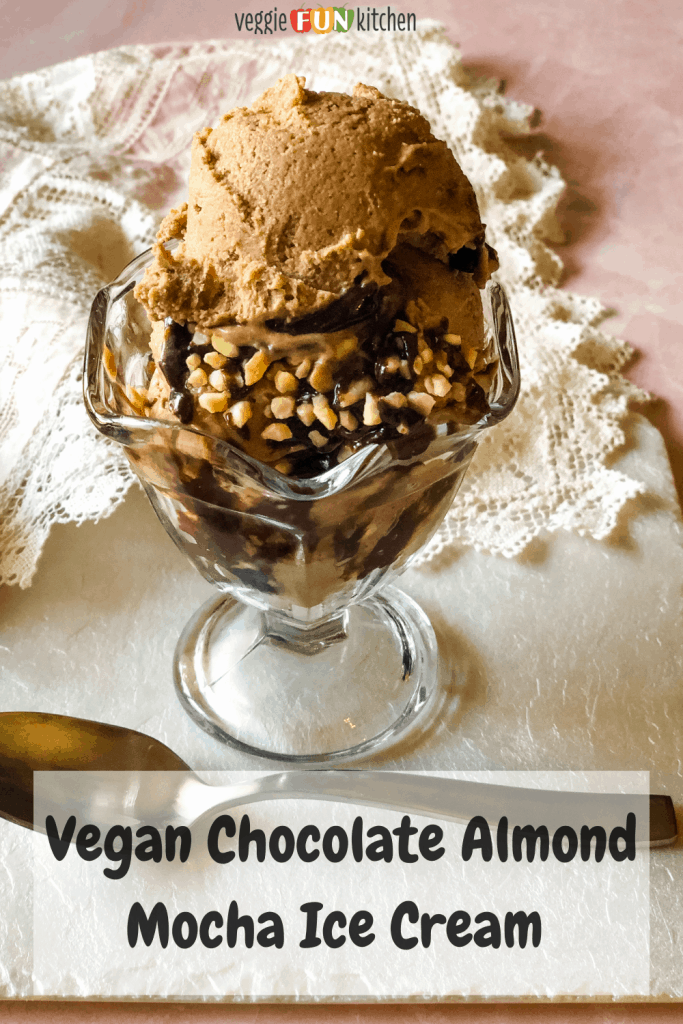 dish of chocolate almond ice cream with pinterest text overlay