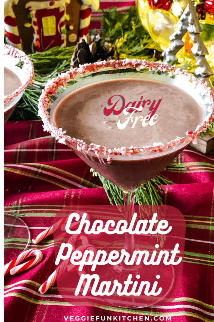 martini glass with chocolate peppermint martini and a candy cane rimmed glass with festive christmas decor in the background and pinterest text overlay