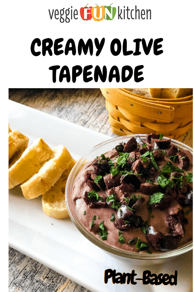 bowl of olive tapenade with sliced bread on side and pinterest text overlay