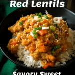 Cooked red lentils over rice with pinterest text overlay